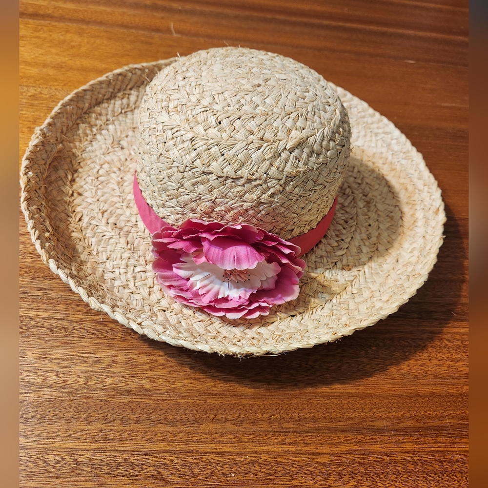 Jacklin Smith Straw Sun Hat with Pink Flower Accent